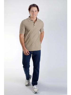 Lee Cooper Tylen Erkek %100 Pamuk Polo Yaka T-Shirt Koyu Bej
