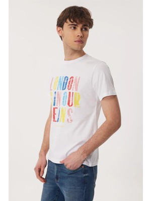 Lee Cooper Fergus Erkek %100 Pamuk O Yaka T-Shirt Beyaz