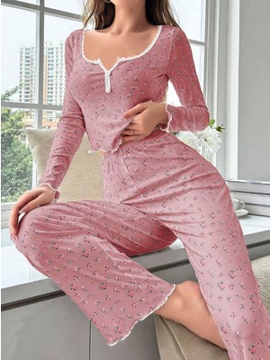 İkikareshop Kadın Çiçek Desenli Yumuşak Pamuklu Uzun Pijama Takımı 5132