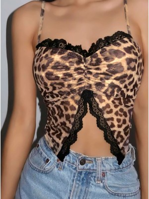 İkikareshop Kadın Leopar Desenli Crop Önden Dantel Detaylı 5095