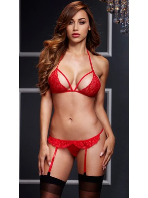 İkikareshop Bacio Fantezi Kırmızı Dantel Jartiyer Takım BC2369