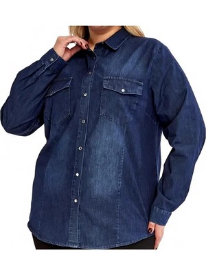 Rmg Büyük Beden Kadın Lacivert Denim Gömlek Regular Fit Günlük Stil Uzun Kol