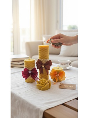 Nefha Candle Gül Figürlü Premium Seri 4 Parça Dantelli ve Kurdeleli Saf Balmumu Mum Seti