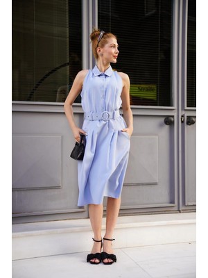 Decostyle Gömlek Yaka Kemerli Elbise Mavi S255061