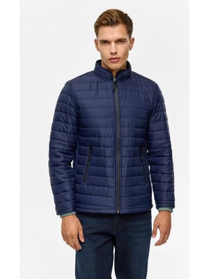 Süvari Lacivert Slim Yarım Balıkçı Yaka Düz Cepsiz Fermuarlı Kapitone Standart Mont