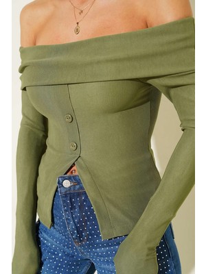Decostyle Madonna Yaka Düğmeli Bluz Yeşil