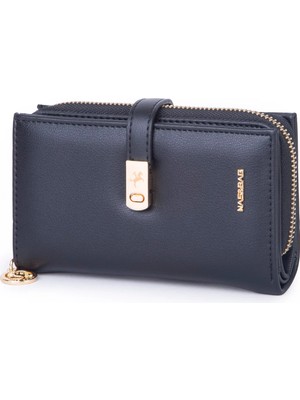 Nas Bag Kadın Orta Boy Kartlık Kağıt Para ve Bozuk Para Tasarımına Sahip Siyah Dona [16X9 Cm]