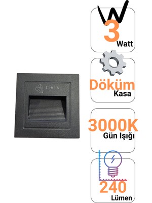 12 Adet Ema Dükkan Koridor Merdiven Aydınlatma Armatürü 3W 3200K Döküm Kasa IP44 240 Lümen 220V