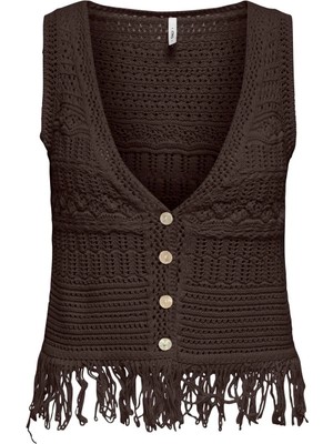 Only Kahverengi Kadın V Yaka Normal Fit Örgü Şişme Yelek Onlalıx Sl Frınge Waıstcoat Knt