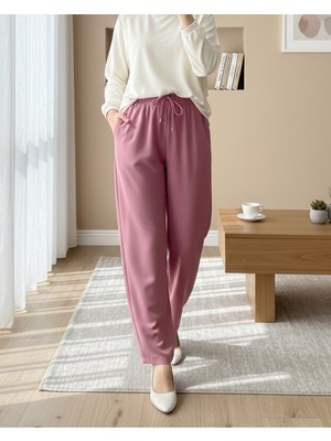 Modamorfo Çift Cepli Beli Lastikli Bağcık Detaylı Pantolon  -Pembe