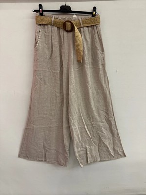 Della Moor Bej Kadın Italyan Geniş Kalıp Çizgi Desenli Kemerli Likralı Pantolon 40 - 50 Beden