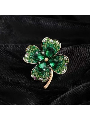 Fm Işıltılı Zümrüt Yeşili Dört Yapraklı Yonca Broş - Şansın Zarafeti