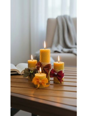 Nefha Candle 4’lü Premium Dekoratif Sarma Balmumu Hediye Seti – El Yapımı & Kurdele Süslemeli