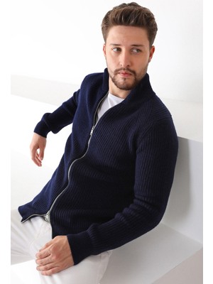 Ferraro Lacivert Çift Fermuarlı Erkek Triko Hırka Bisiklet Yaka Günlük Stil