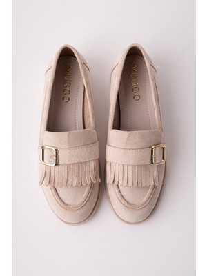 Muggo Tuft Gold Tokalı Püsküllü Süet Kadın Günlük Loafer Ayakkabı