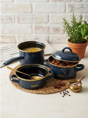 Savaşan Emaye Emaye Midi Tencere Seti, Sütlük, Sosluk Kapaklı Tencere Seti