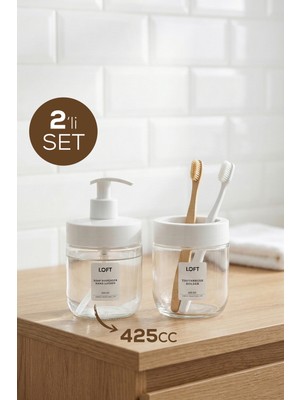 Vienev 2'li Cam Banyo Seti Beyaz | 425 cc Sıvı Sabunluk ve Diş Fırçalık - Dekoratif Banyo Aksesuarı