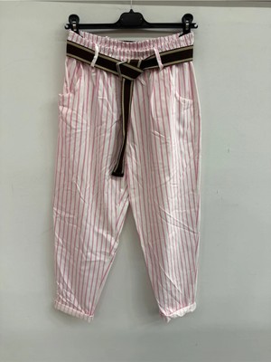 Della Moor Pembe Kadın Italyan Geniş Kalıp Çizgi Desenli Kemerli Likralı Pantolon 40 - 50 Beden