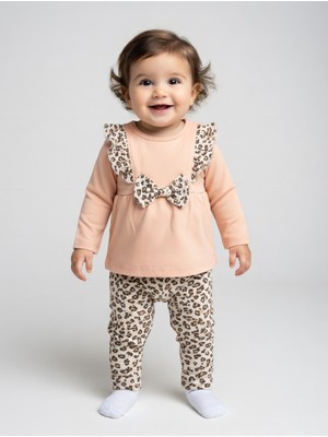 Babycan Kız Bebek Leopar Desenli %100 Pamuklu 2'li Takım - Fırfırlı Fiyonk Detaylı Somon Üst ve Alt Takım