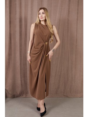Decostyle Kadın Kalın Askılı Yırtmaçlı Linda Kumaş Elbise Kahve
