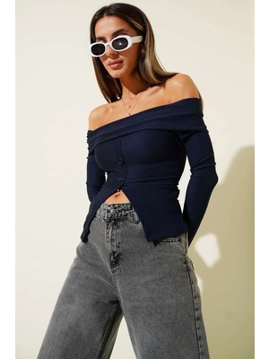 Decostyle Madonna Yaka Düğmeli Bluz Lacivert
