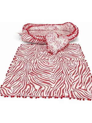 Abt Babynest Anne Yanı Bebek Yatağı Seti %100 Pamuk Kırmızı Ponponlu Yatak Pike Battaniye ve Kalp Yastık