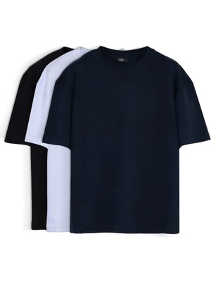 Tudors Unisex 3'lü Paket Lacivert-Beyaz-Siyah Oversize Geniş Kesim %100 Pamuk Basic Bisiklet Yaka Tişört
