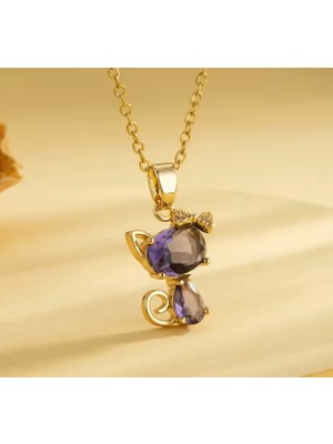 Alsem 14 Ayar Gold Kaplama Mor ve Pembe Taşlı Kedi Figürlü Kolye | Zarif Kadın Kolye | Sevgiliye ve Anneye Hediye Kolye