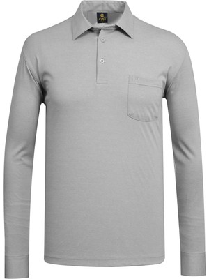 Çizgi Triko Erkek Gömlek Yaka Uzun Kollu Cepli Mevsimlik Gri Penye Sweat - 5300