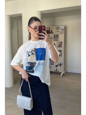 Magarde Yeni Sezon Blue Baskılı Tişört- Krem