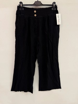 Della Moor Siyah Kadın Italyan Beli Lastikli Bol Paça Salaş Keten Pantolon 40 - 46 Beden