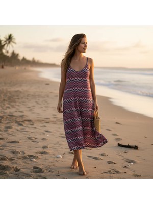 Bonbon Kadın Plaj Giyim Bordo Desenli Elbise BB2403