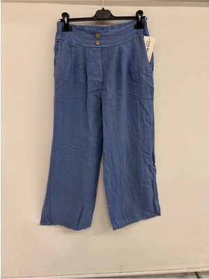 Della Moor Mavi Kadın Italyan Beli Lastikli Bol Paça Salaş Keten Pantolon 40 - 46 Beden