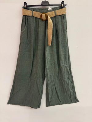 Della Moor Haki Kadın Italyan Beli Lastikli Kemerli Bol Paça Keten Pantolon
