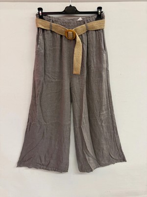 Della Moor Vizon Kadın Italyan Beli Lastikli Kemerli Bol Paça Keten Pantolon