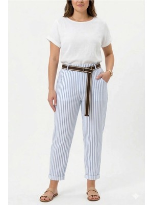 Della Moor Açık Mavi Kadın Italyan Geniş Kalıp Çizgi Desenli Kemerli Likralı Pantolon 40 - 50 Beden