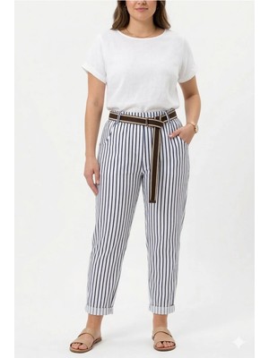 Della Moor Lacivert Kadın Italyan Geniş Kalıp Çizgi Desenli Kemerli Likralı Pantolon 40 - 50 Beden