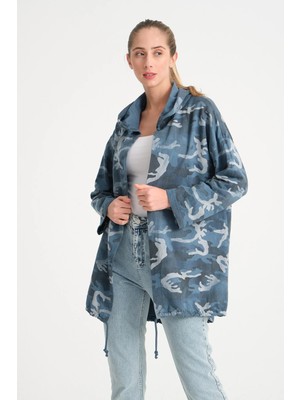 Della Moor Mavi Kadın Italyan Sırtı Payetli Kapüşonlu Ceket