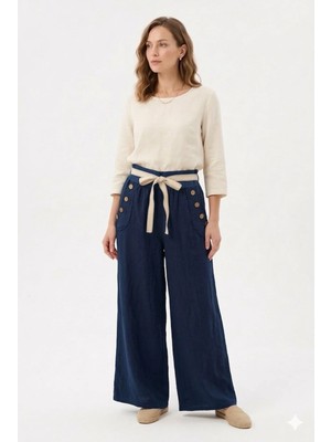 Della Moor Lacivert Kadın Italyan Cebi Düğmeli Ip Kemerli Bol Paça Keten Pantolon