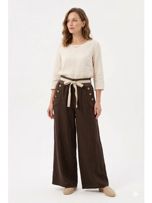 Della Moor Kahverengi Kadın Italyan Cebi Düğmeli Ip Kemerli Bol Paça Keten Pantolon