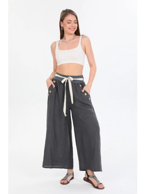 Della Moor Antrasit Kadın Italyan Cebi Düğmeli Ip Kemerli Bol Paça Keten Pantolon