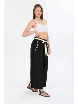 Della Moor Siyah Kadın Italyan Cebi Düğmeli Ip Kemerli Bol Paça Keten Pantolon