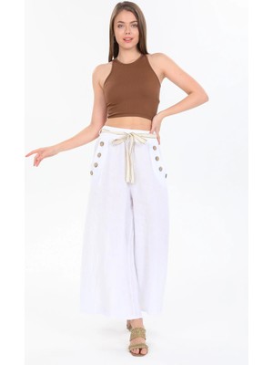 Della Moor Beyaz Kadın Italyan Cebi Düğmeli Ip Kemerli Bol Paça Keten Pantolon