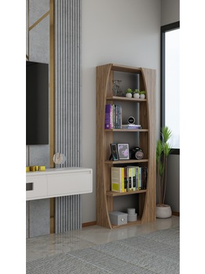 Alpa Ev Mobilya Kavisli İskandinav 150 cm 6 Raflı Kitaplık Salon Rafı | Ofis Dolabı Modern Raf Organizer