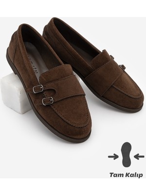 Marjin Kadın Loafer Makosen Çift Bantlı Tokalı Günlük Ayakkabı Ovora Kahve Süet
