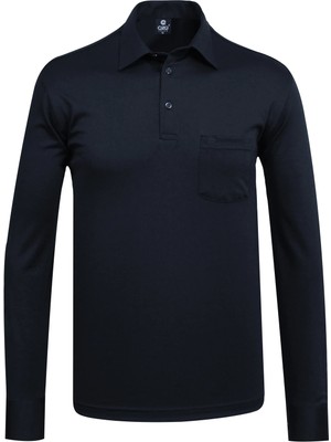 Çizgi Triko Erkek Gömlek Yaka Uzun Kollu Cepli Mevsimlik Lacivert Penye Sweat - 5302