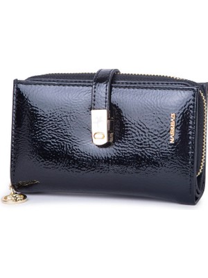 Nas Bag Kadın Orta Boy Kartlık Kağıt Para ve Bozuk Para Tasarımına Sahip Siyah Rugan [16X9 Cm]