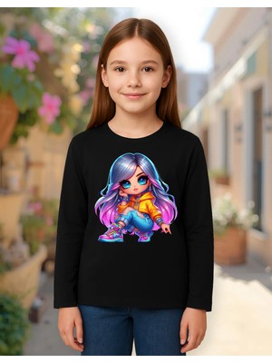 Mixxi Fashion Havalı Kız Cool Gırl Baskılı Uzun Kollu Kız Çocuk Tişört (4-13 Yaş)