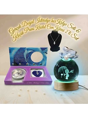 Wolawood Doğal Gerçek Istiridye Inci Kolye & Küçük Prens 3D Kristal Cam Kar Küresi Rgb'li Usb'li Işıklı Ahşap Tabanlı Exclusive 2'li Hediye Seti