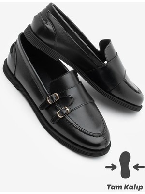 Marjin Kadın Loafer Makosen Çift Bantlı Tokalı Günlük Ayakkabı Ovora Siyah